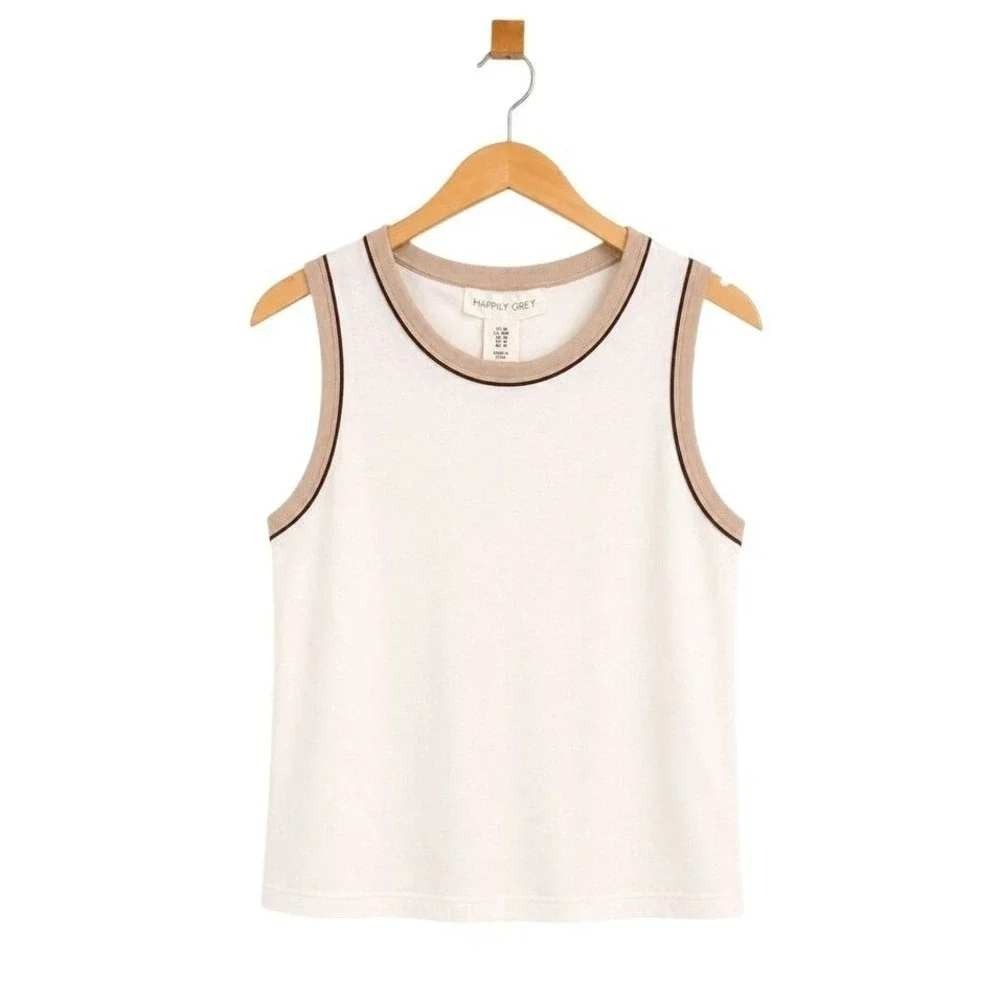 Sincerely Jules Ribbed Ringer Tank Top White Beige Brown Trim Size Medium NWT
